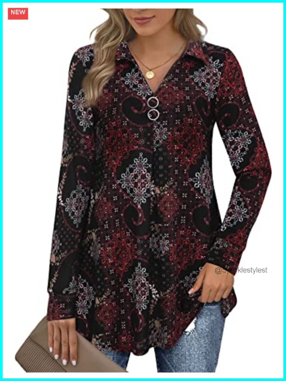 Long Sleeve Lapel V Neck Tunic Blouse with Buttons Loose Fit